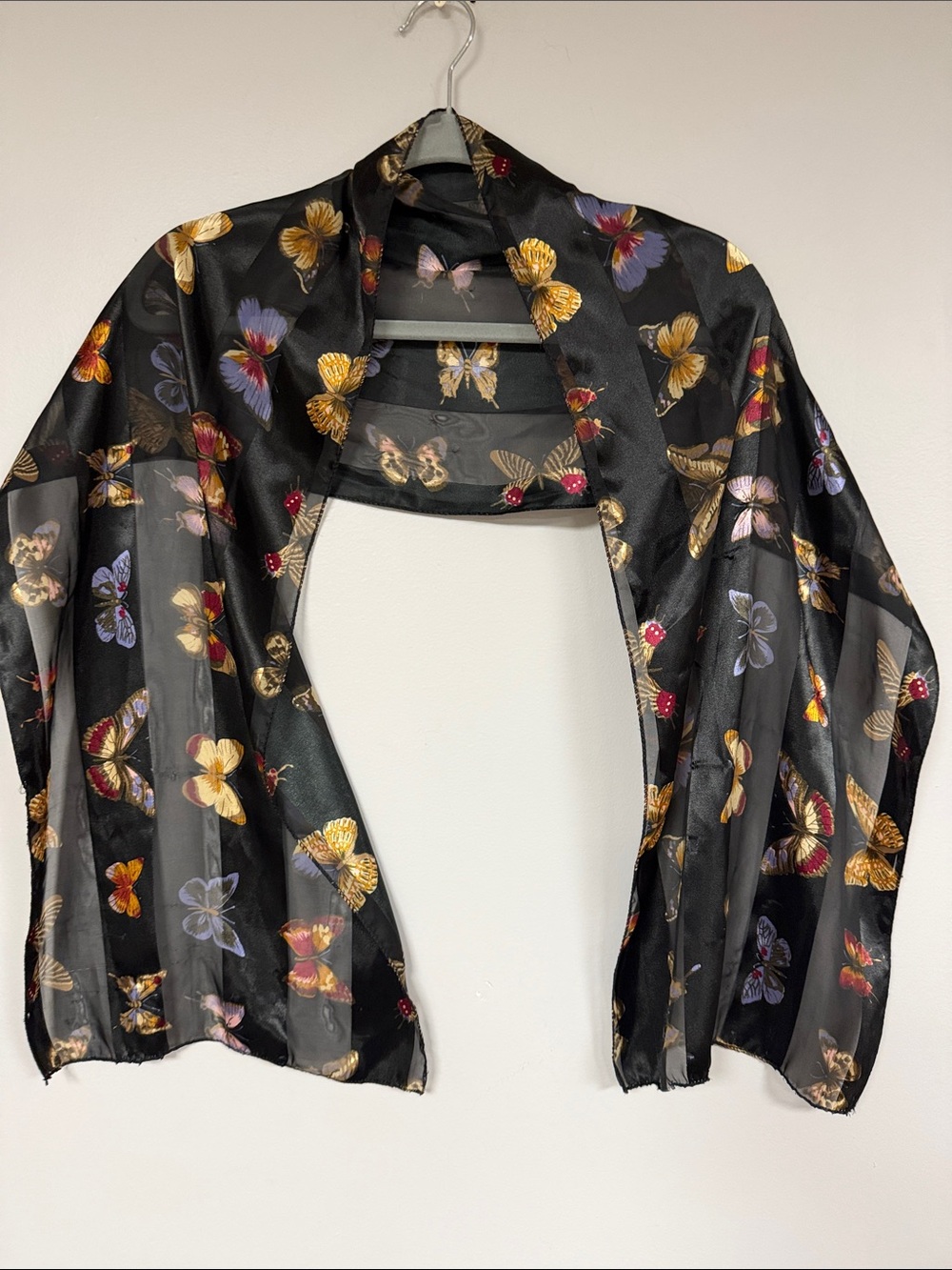 Shimmery Whimsey Butterflies on Scarf Black & Transparent  Stripes Fairy Grunge